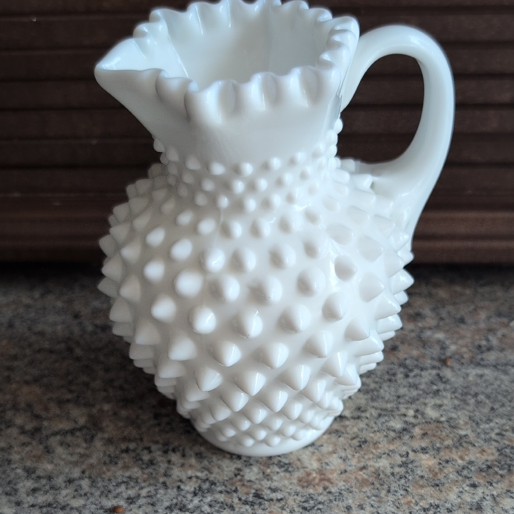 Fenton Glass Hobnail Crimped Top 12 Oz Open Syrup Milk Glass 3762